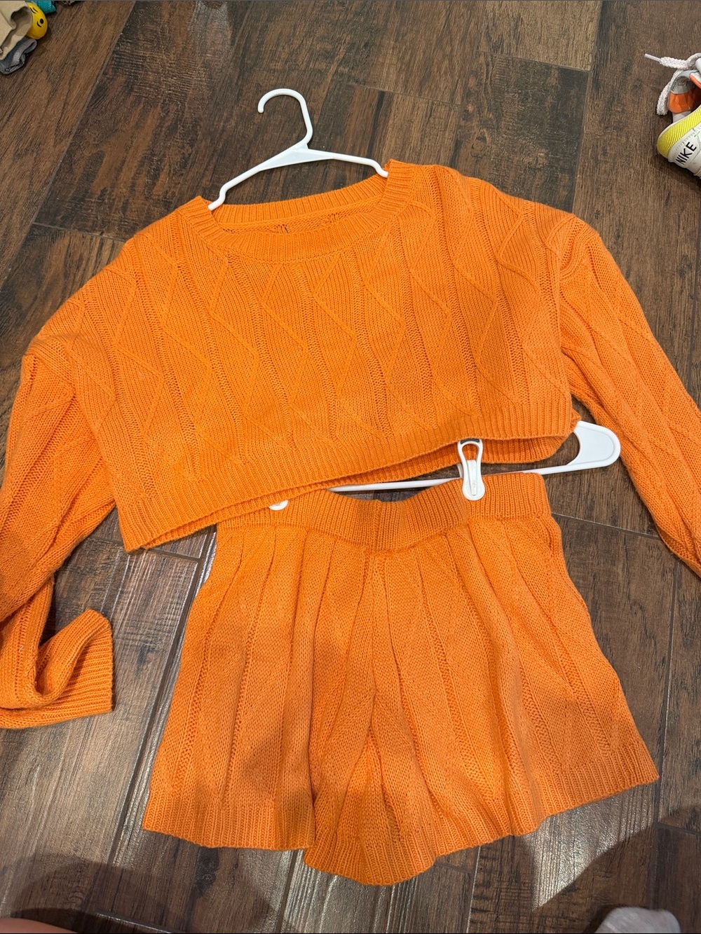 Women's Orange Knit Crop Sweater and Shorts Set